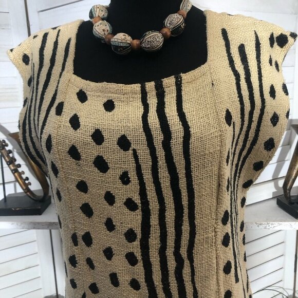 Vintage 70s African Mud Cloth Duster Vest Cream/Black Size Medium - Picture 5 of 14